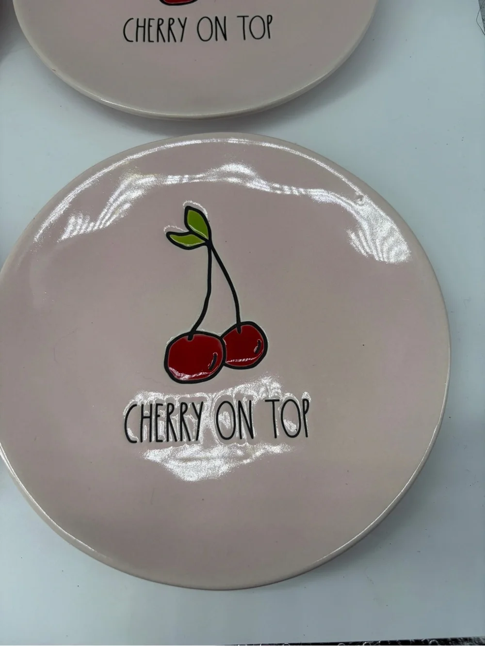 Rae Dunn Pink 'Cherry On Top' Dessert Plates - Red Cherry Design 6”